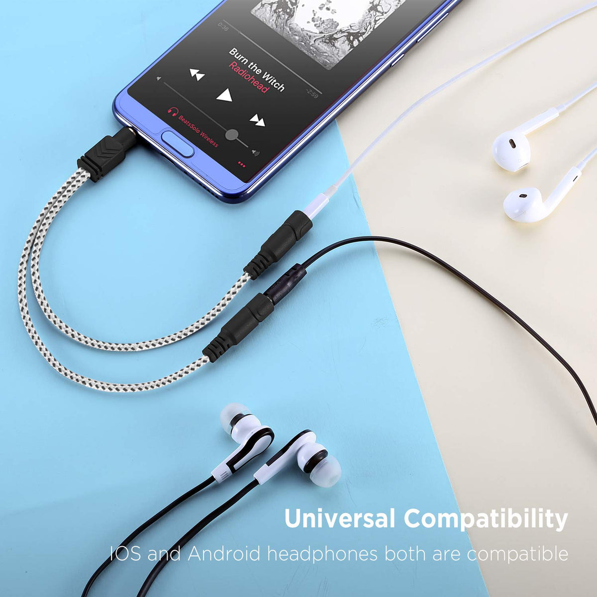 DUKABEL headphone splitter zebra white side view demonstrates pocket-friendly slim profile