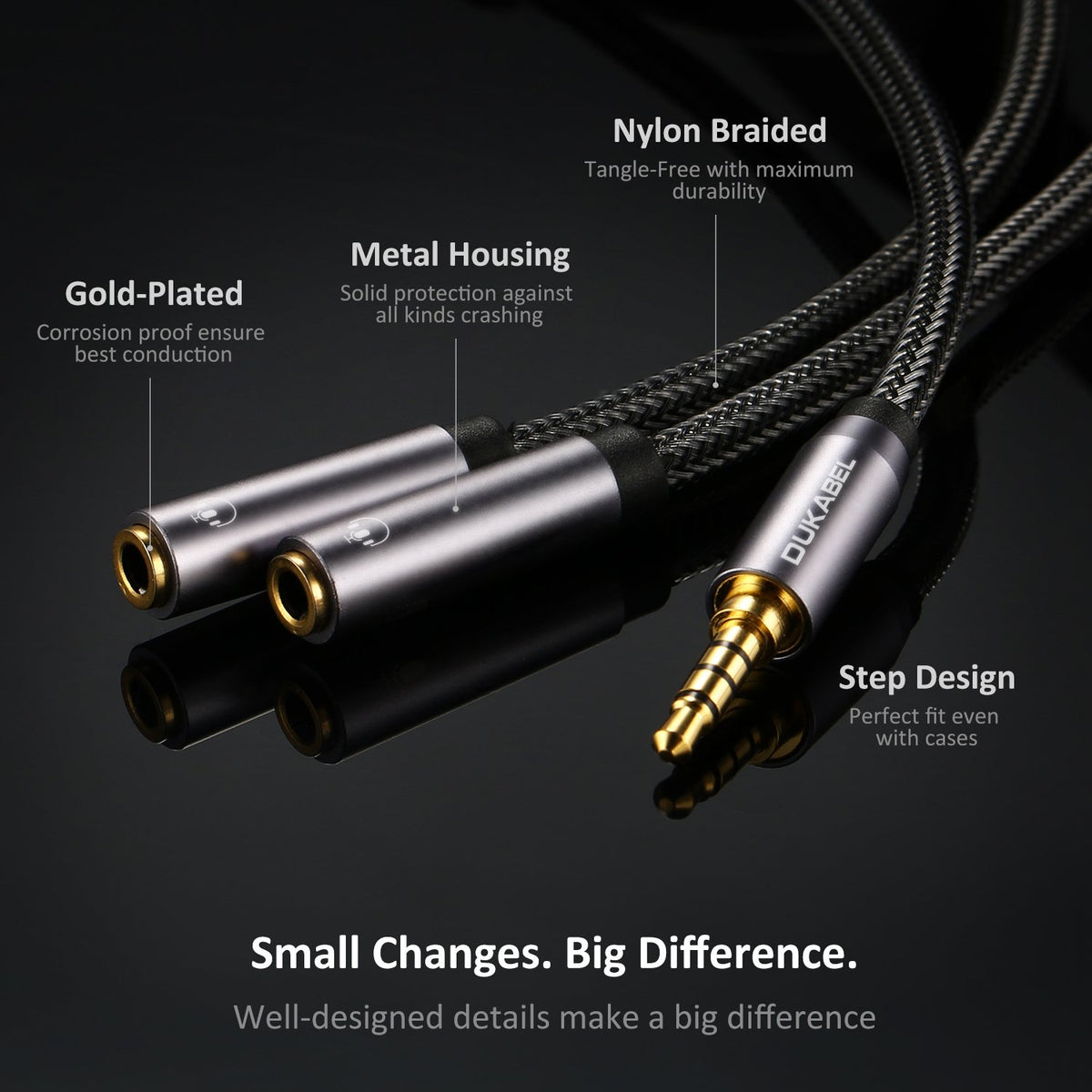 DUKABEL splitter in use with smartphone sharing audio between two headphones