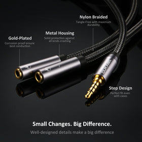 DUKABEL splitter in use with smartphone sharing audio between two headphones
