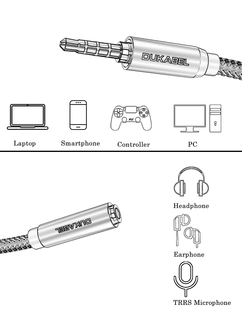 DUKABEL TRRS 4-pole extension enables mic and audio compatibility.