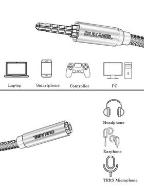 DUKABEL TRRS 4-pole extension enables mic and audio compatibility.