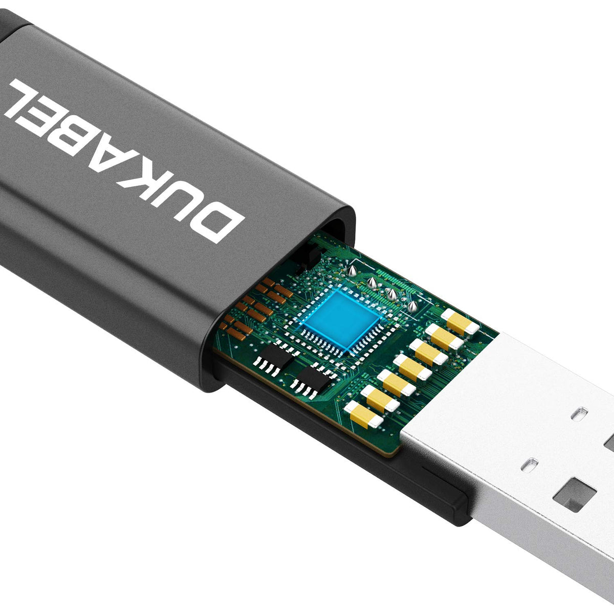 DUKABEL USB to aux adapter 25 cm cable length, flexible placement.