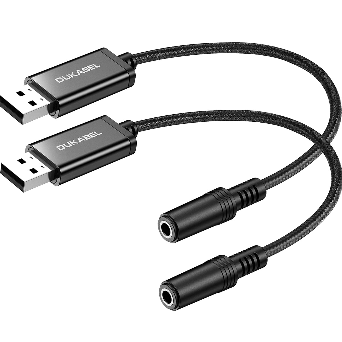 DUKABEL USB to aux adapter front view, compact plug-and-play audio upgrade for laptops.
