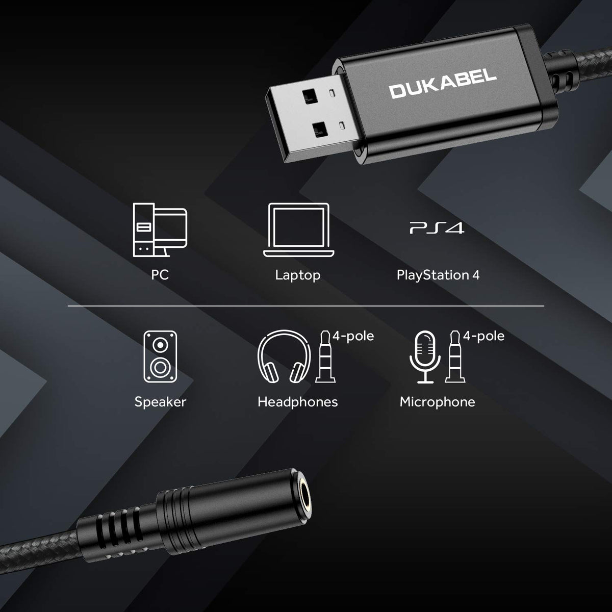 DUKABEL USB to aux adapter in-use on PC, improving game voice and sound.