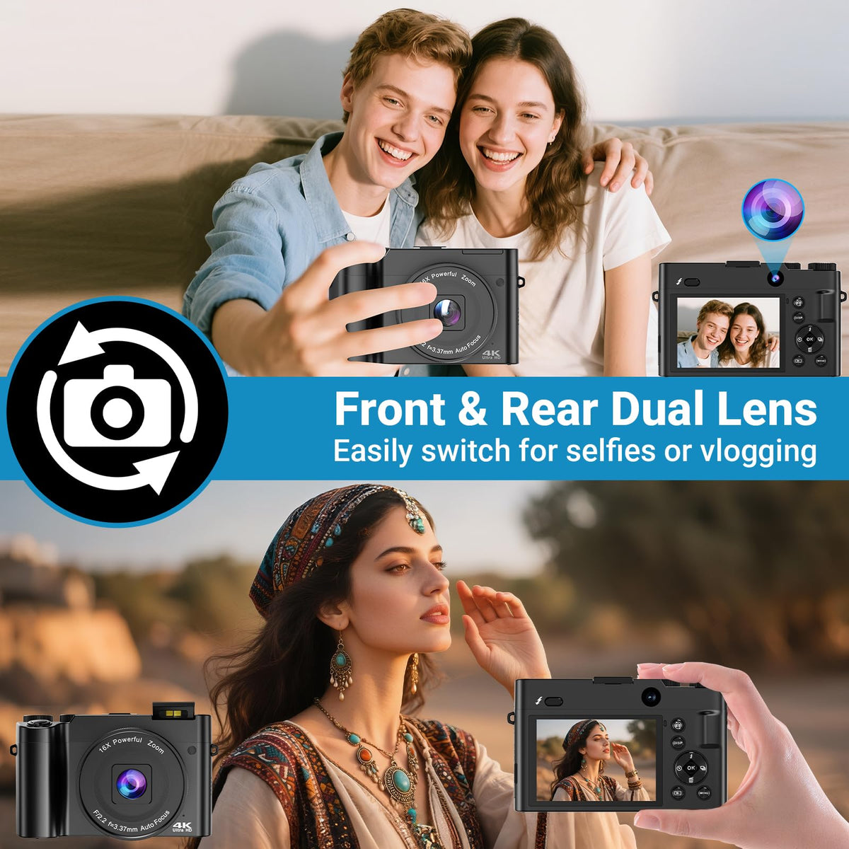 DUOCH flip screen in selfie mode demonstrating framing for vlogs and live streams