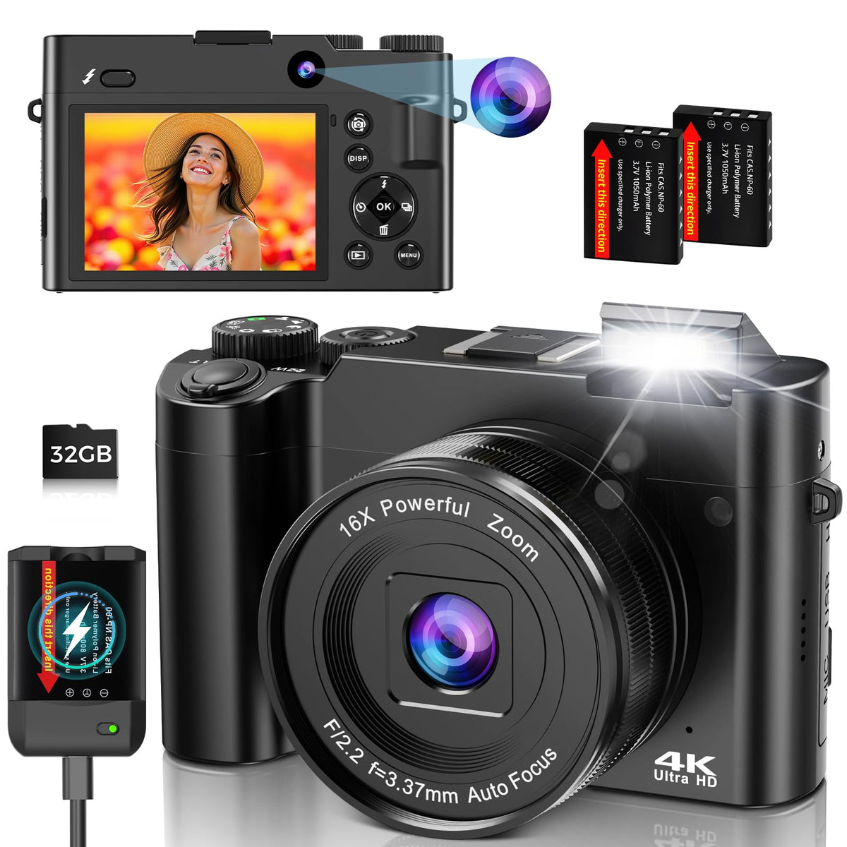 DUOCH front view of black camera showing compact body and lens, great portability