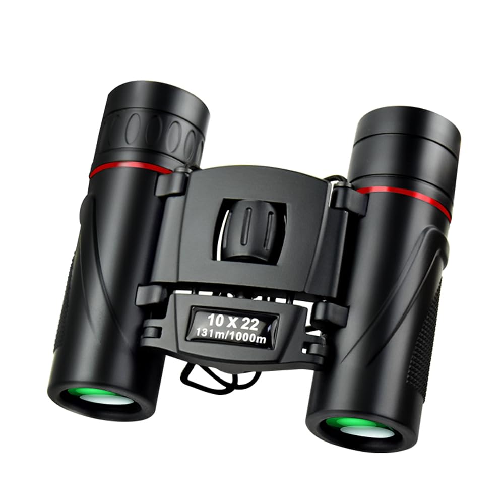 Duomianshou 10x22 pocket binoculars folded for compact travel and single-handed use.