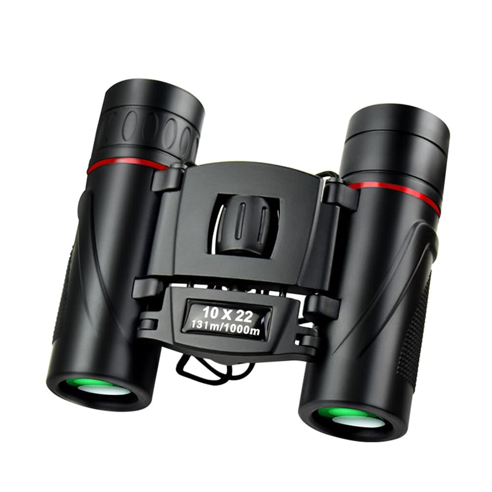 Duomianshou 10x22 pocket binoculars folded for compact travel and single-handed use.