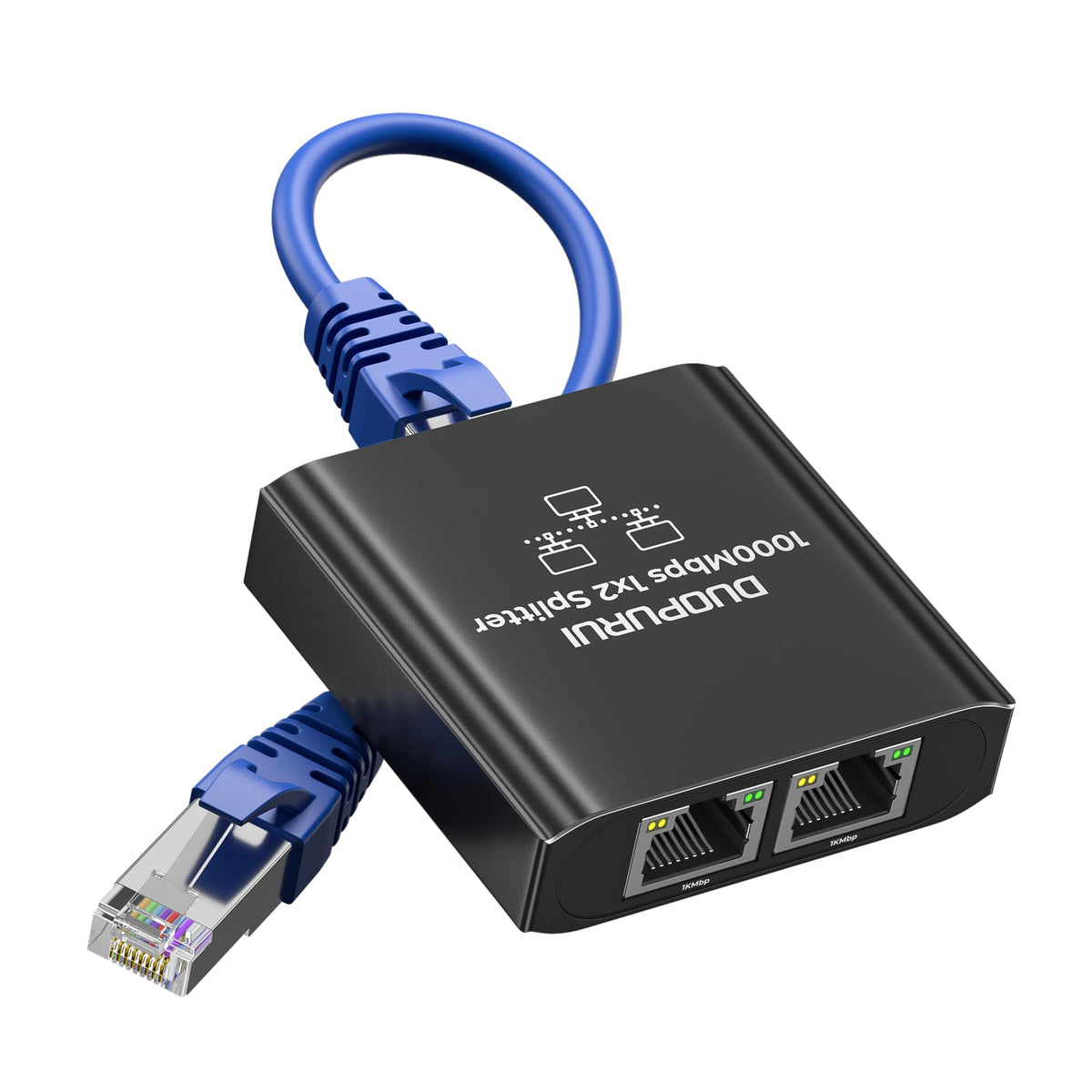 DUOPURUI Ethernet Splitter 1 to 2 showing dual-port gigabit sharing.