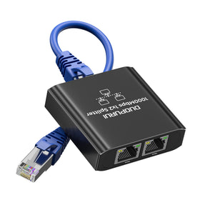 DUOPURUI Ethernet Splitter 1 to 2 showing dual-port gigabit sharing.
