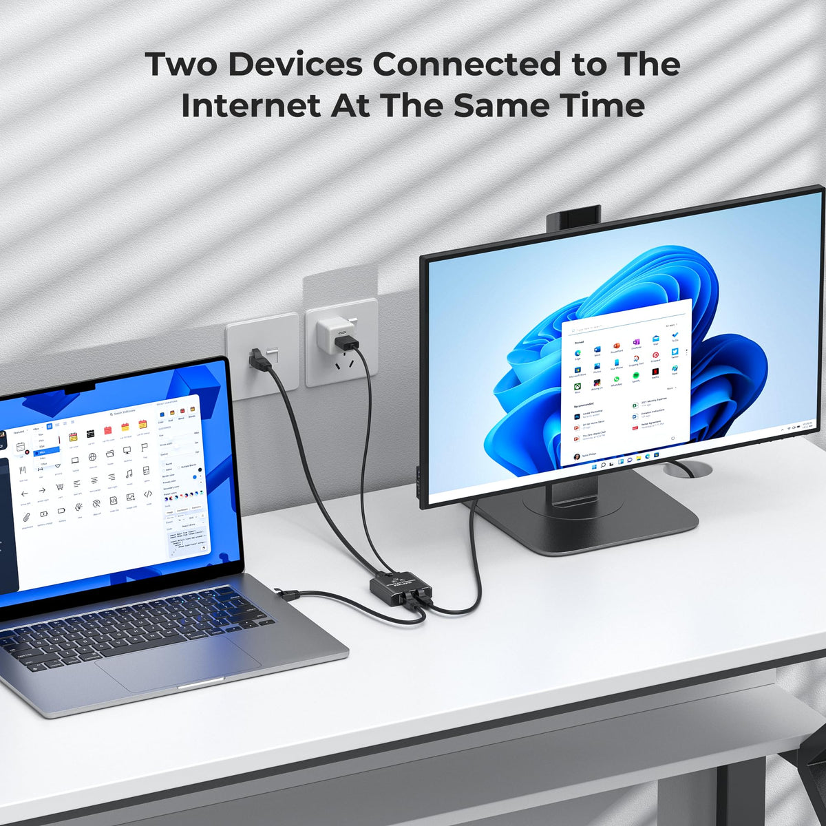 DUOPURUI Ethernet Splitter with two active ports in use for two devices.