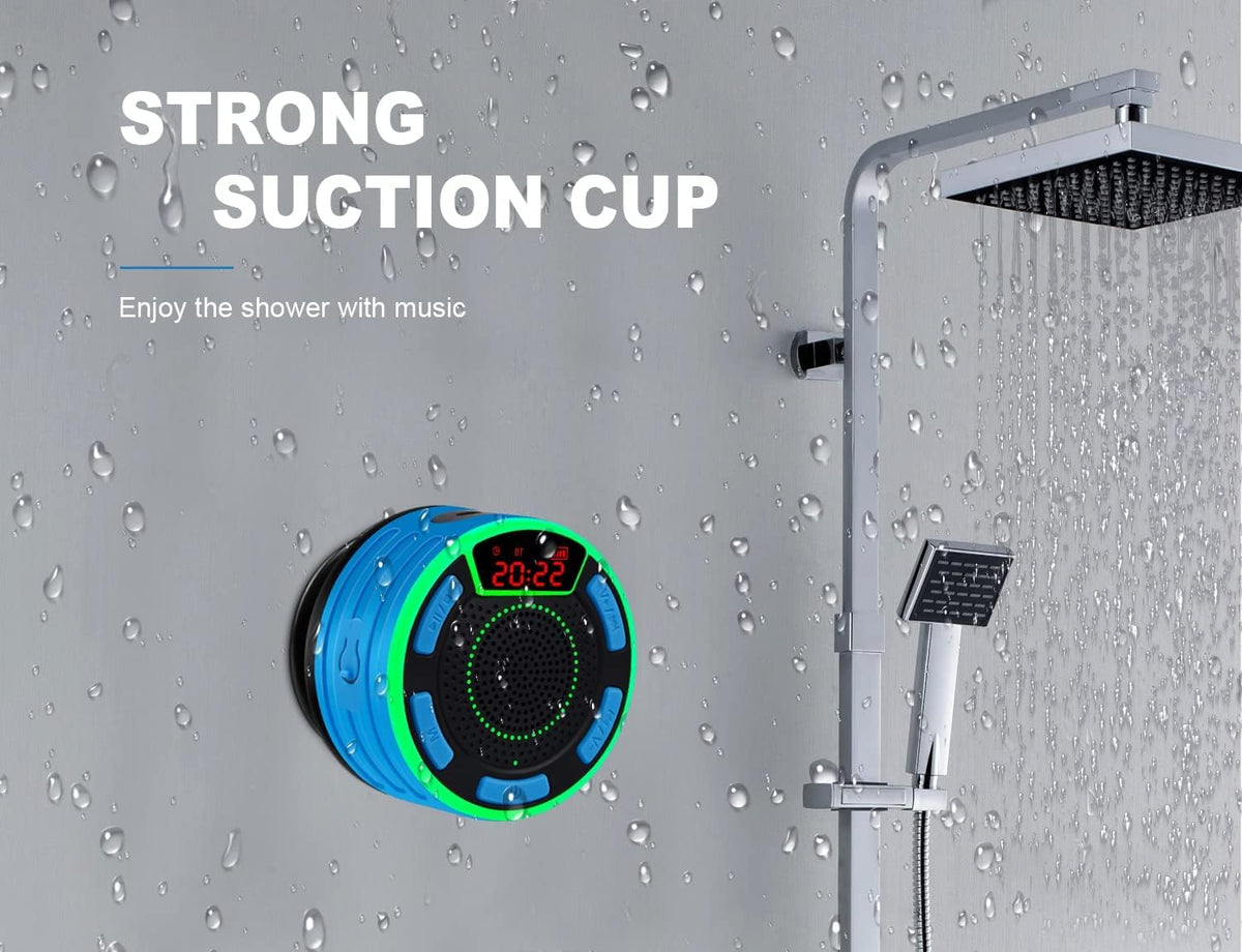 DuoTen attached to shower tile with suction cup for hands-free listening