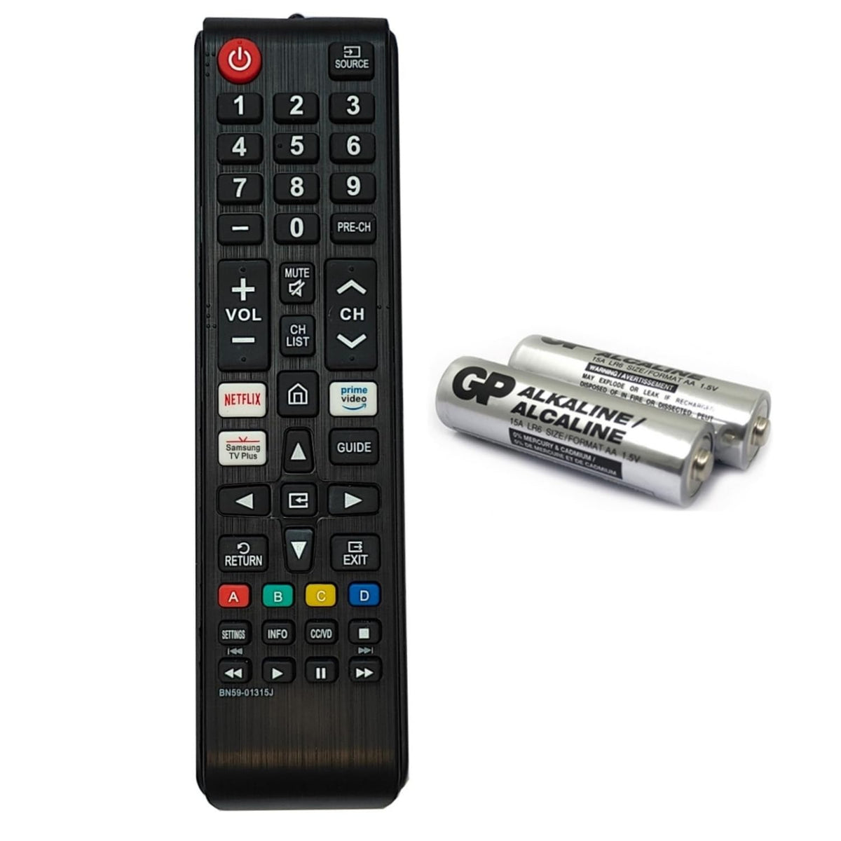 D. Vordingborg BN59-01315J remote front view with ready-to-use setup and Netflix hotkeys.