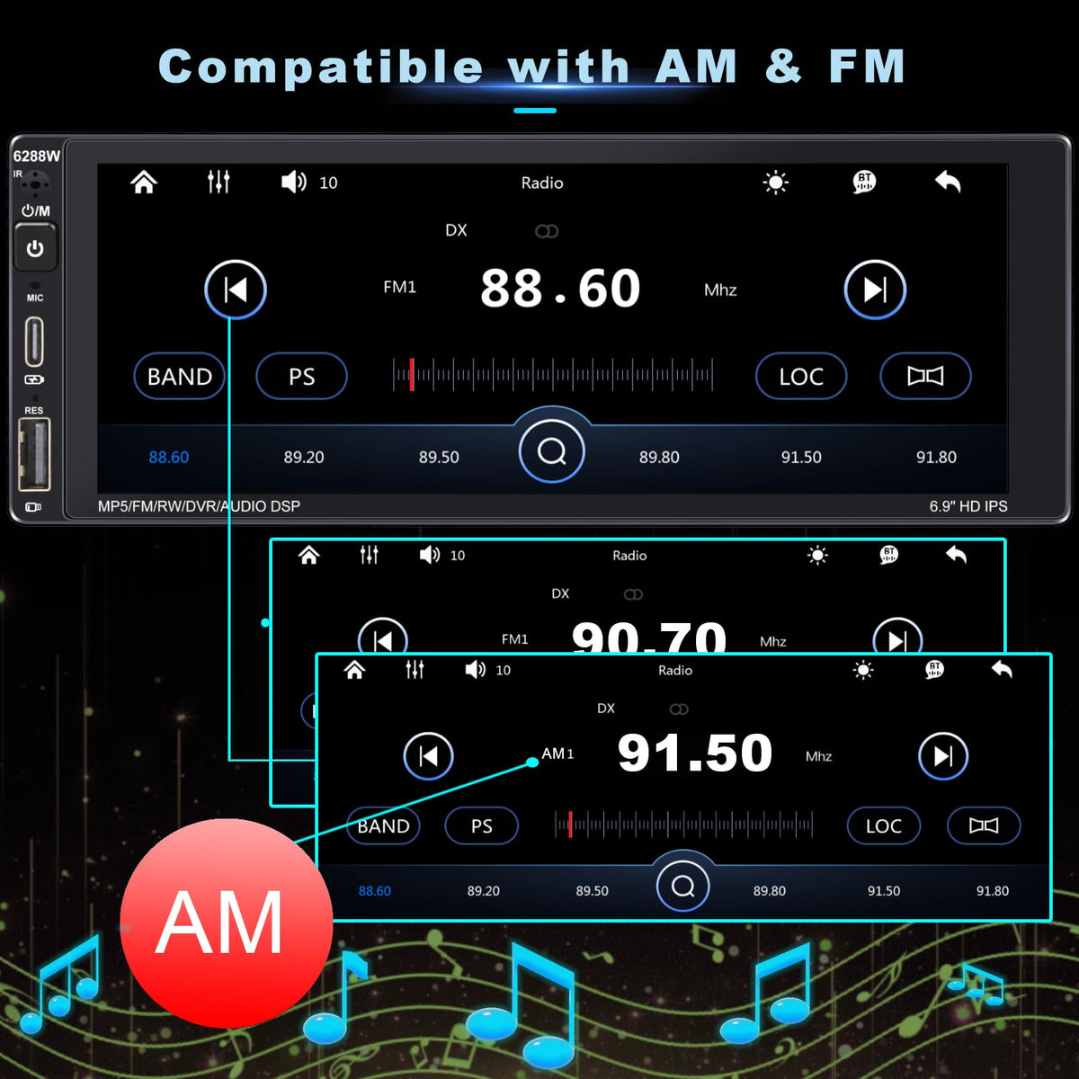 DWMM FM/AM radio interface for wide listening options