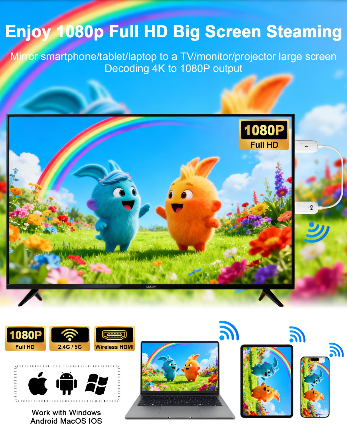 DxInvb wireless HDMI in use on a TV demonstrating instant big-screen mirroring.