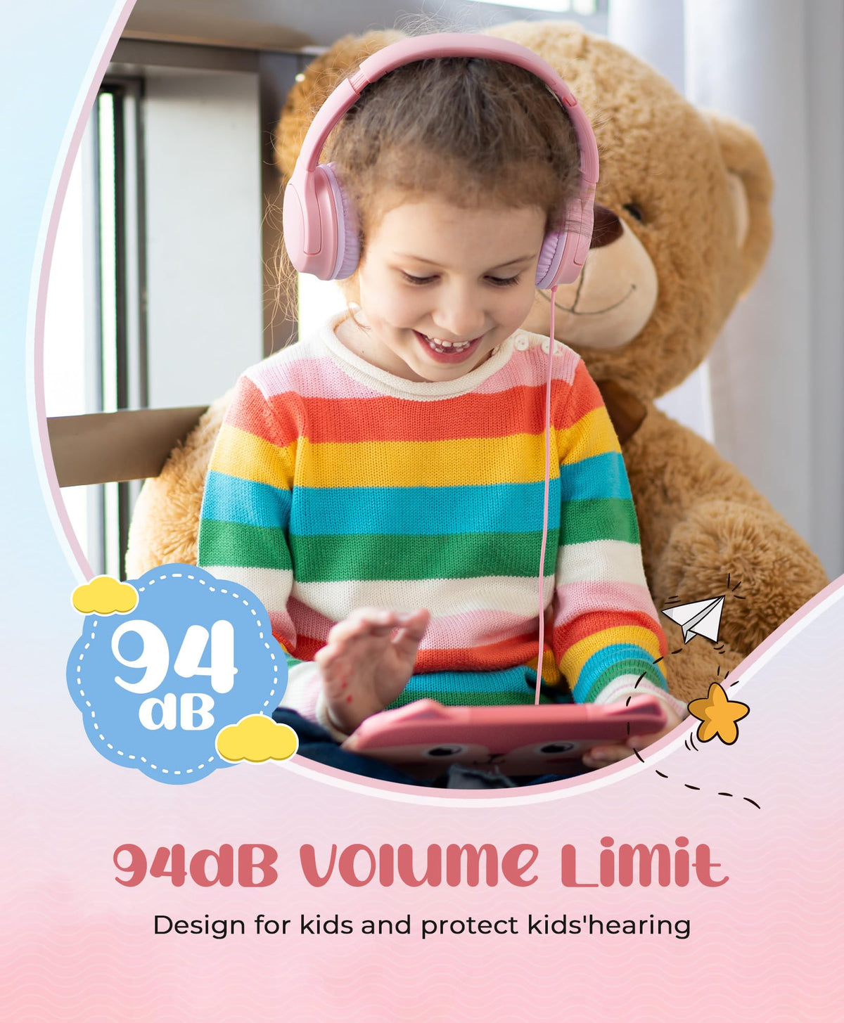 DyBaxa kids headphones with 94dB limit for safe listening