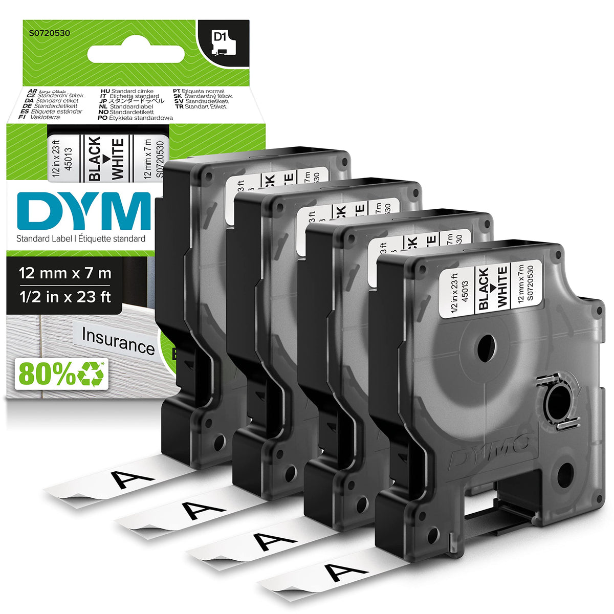 DYMO front packaging showing four D1 label cassettes and product information for easy stocking