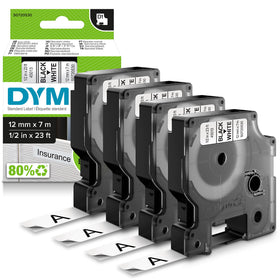 DYMO front packaging showing four D1 label cassettes and product information for easy stocking