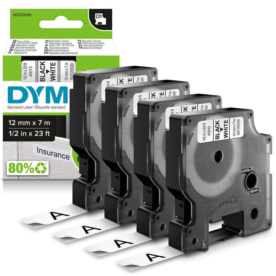 DYMO front packaging showing four D1 label cassettes and product information for easy stocking