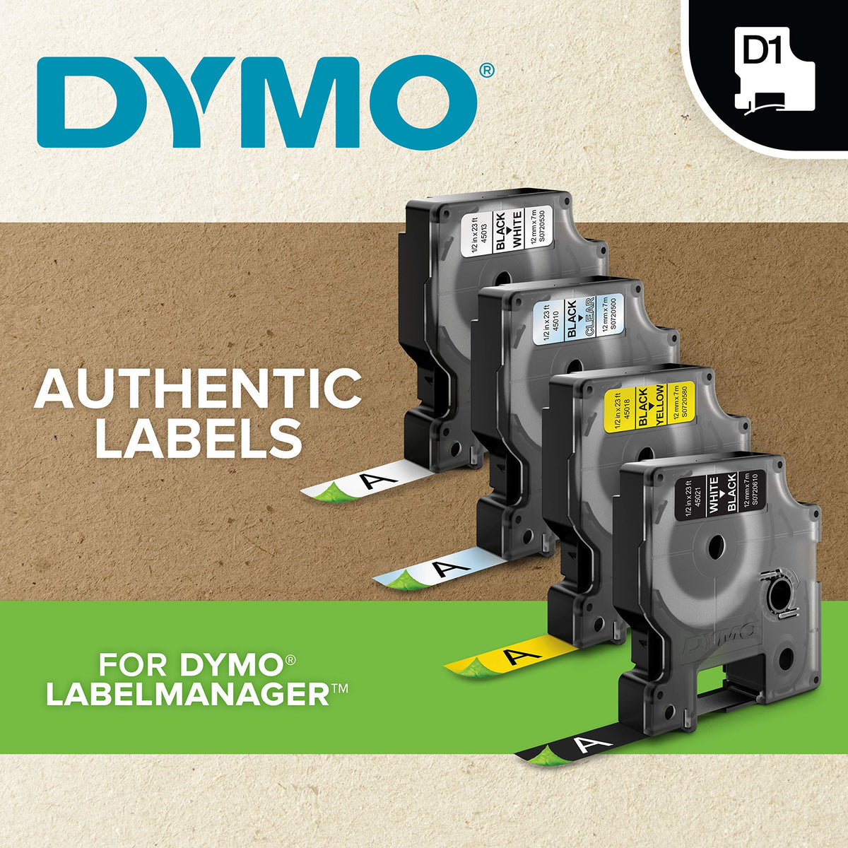 DYMO D1 adheres to plastic, paper, metal, wood and glass surfaces.