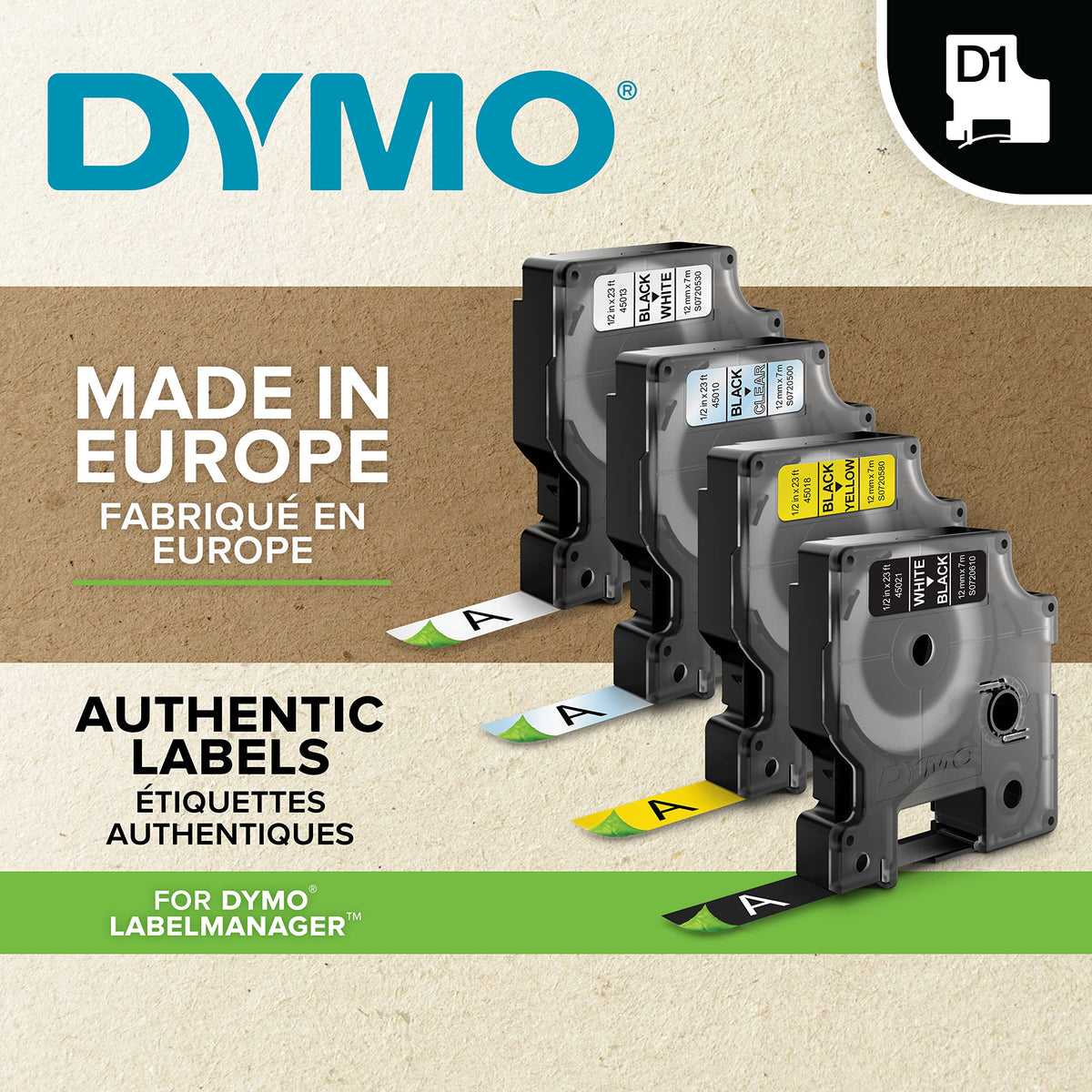 DYMO detailed view of black-on-white tape texture demonstrating clear print quality and durability