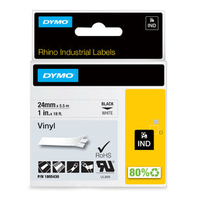 DYMO Rhino 1inch black on white tape label for durable indoor labeling.