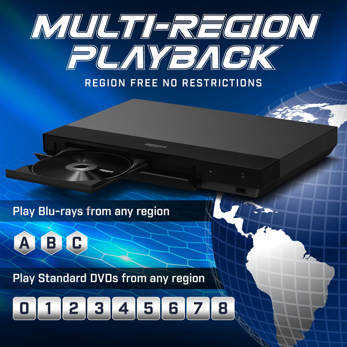 Dynastar region-free 4K UHD player back panel with connectivity options.