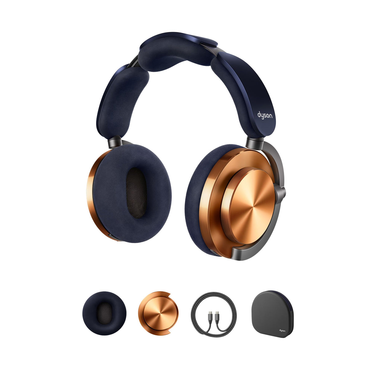 Dyson OnTrac headphones copper earcups deliver immersive sound and quiet ambience for travel.