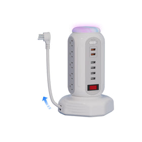 DYSSIPATIVE front view tower showing 15 AC outlets and 6 USB ports for organized charging
