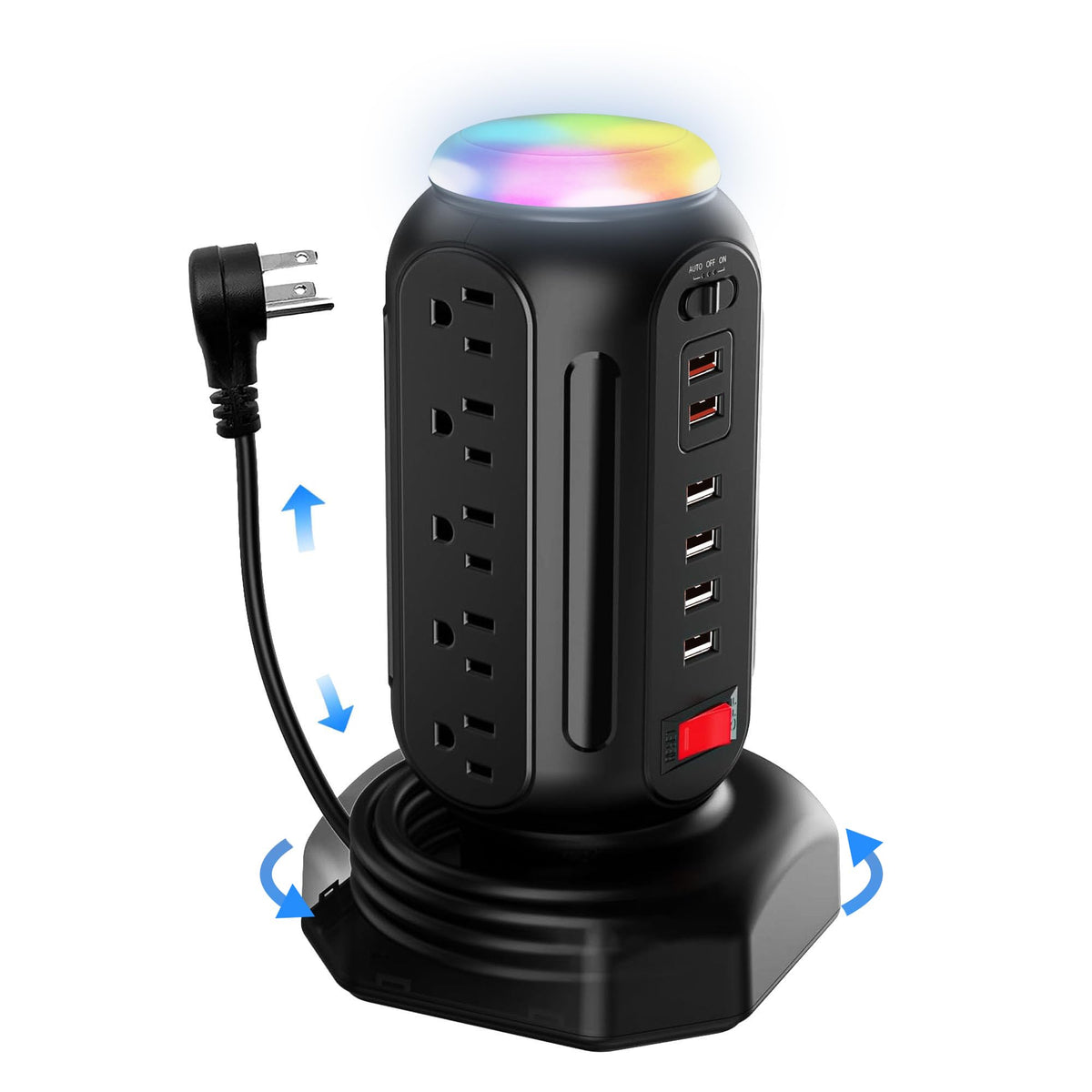 DYSSIPATIVE front view showing 15 AC outlets and USB ports for organized charging