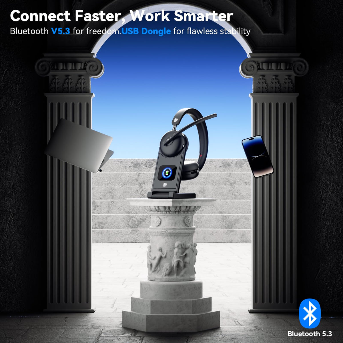 Dytole headset on charging dock holding phone for hands-free meetings