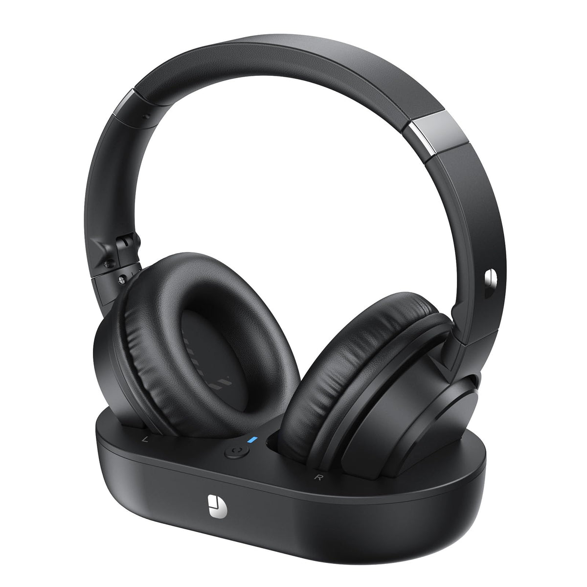 Dytole wireless TV headphones with transmitter dock for easy TV setup.