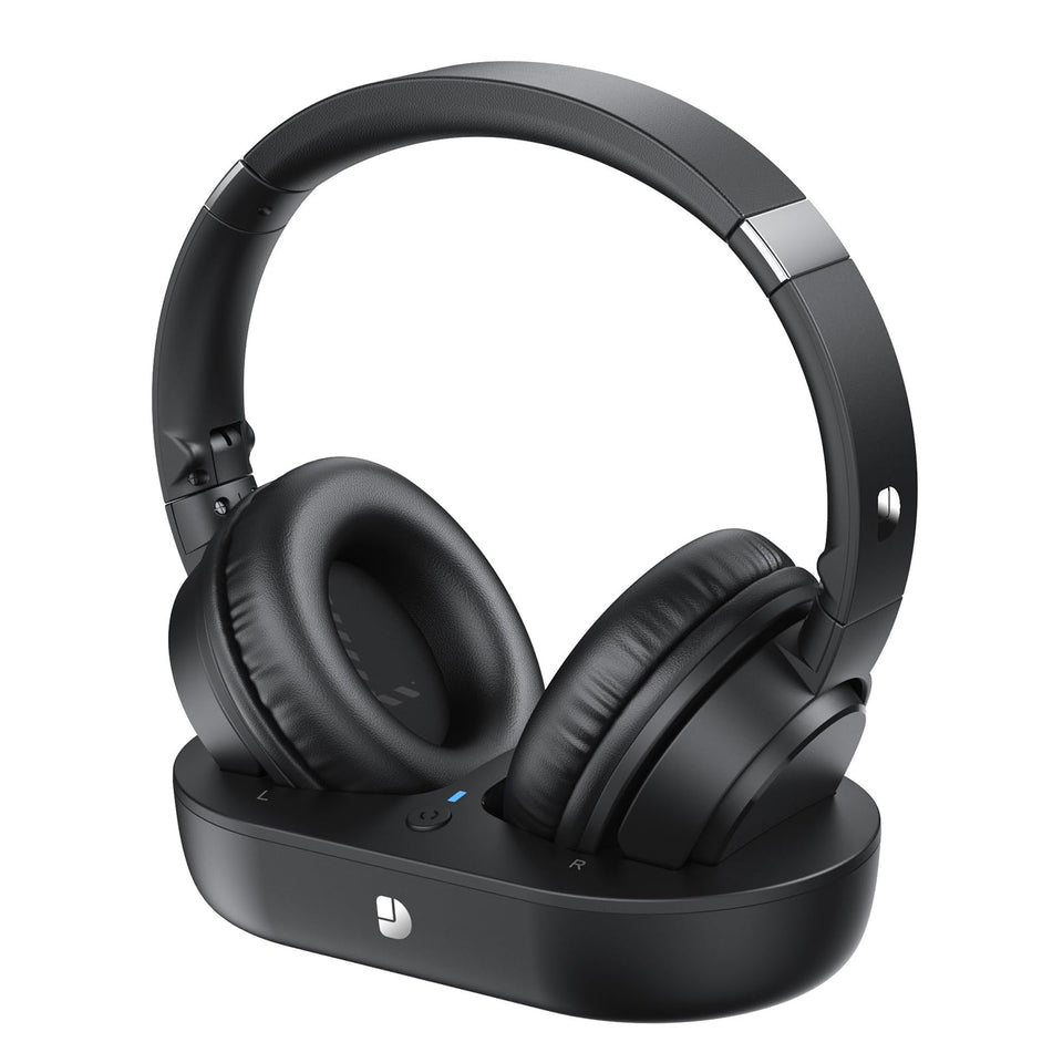Dytole wireless TV headphones with transmitter dock for easy TV setup.