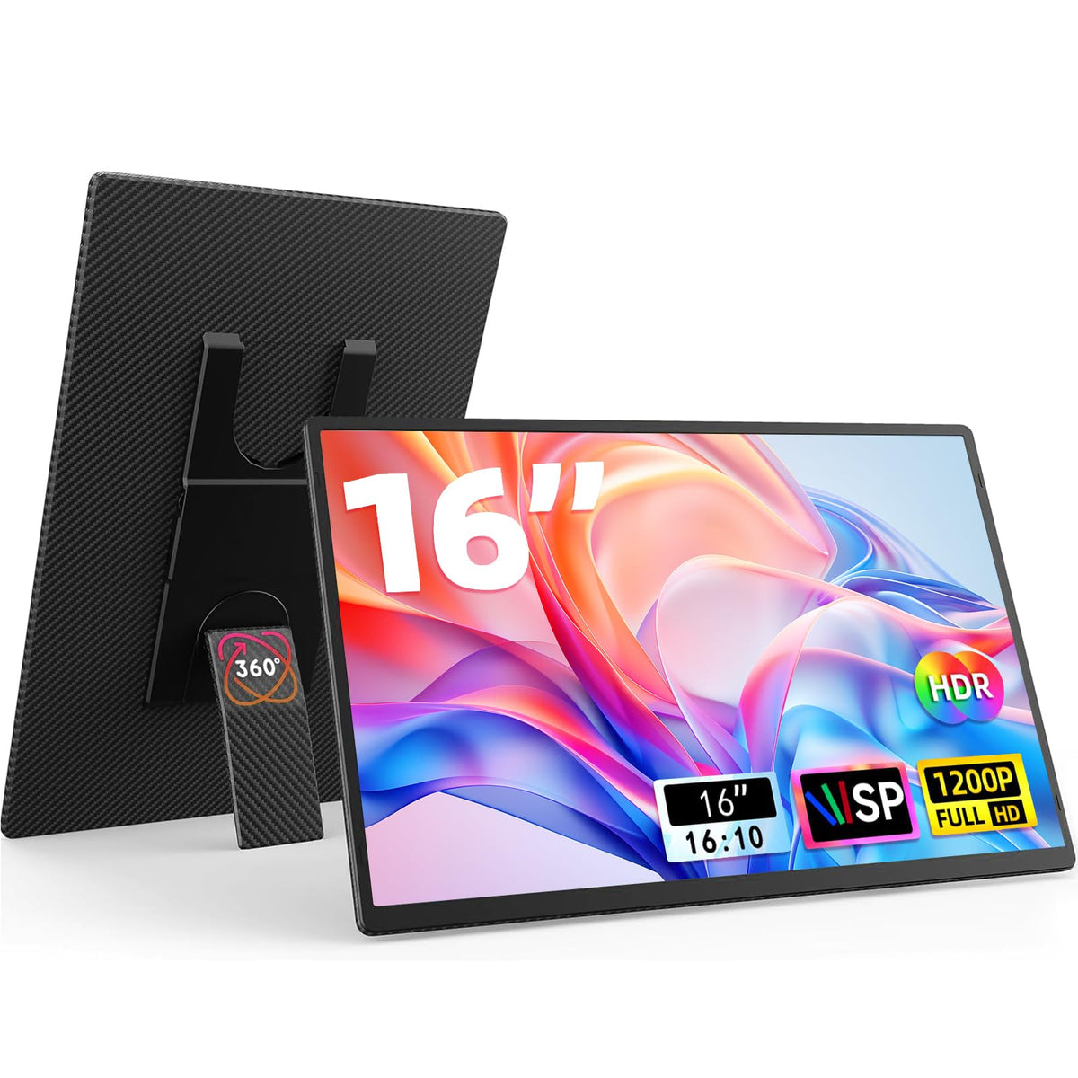 DZVW 16-inch portable monitor front view with crisp 1200p display for on-the-go work.