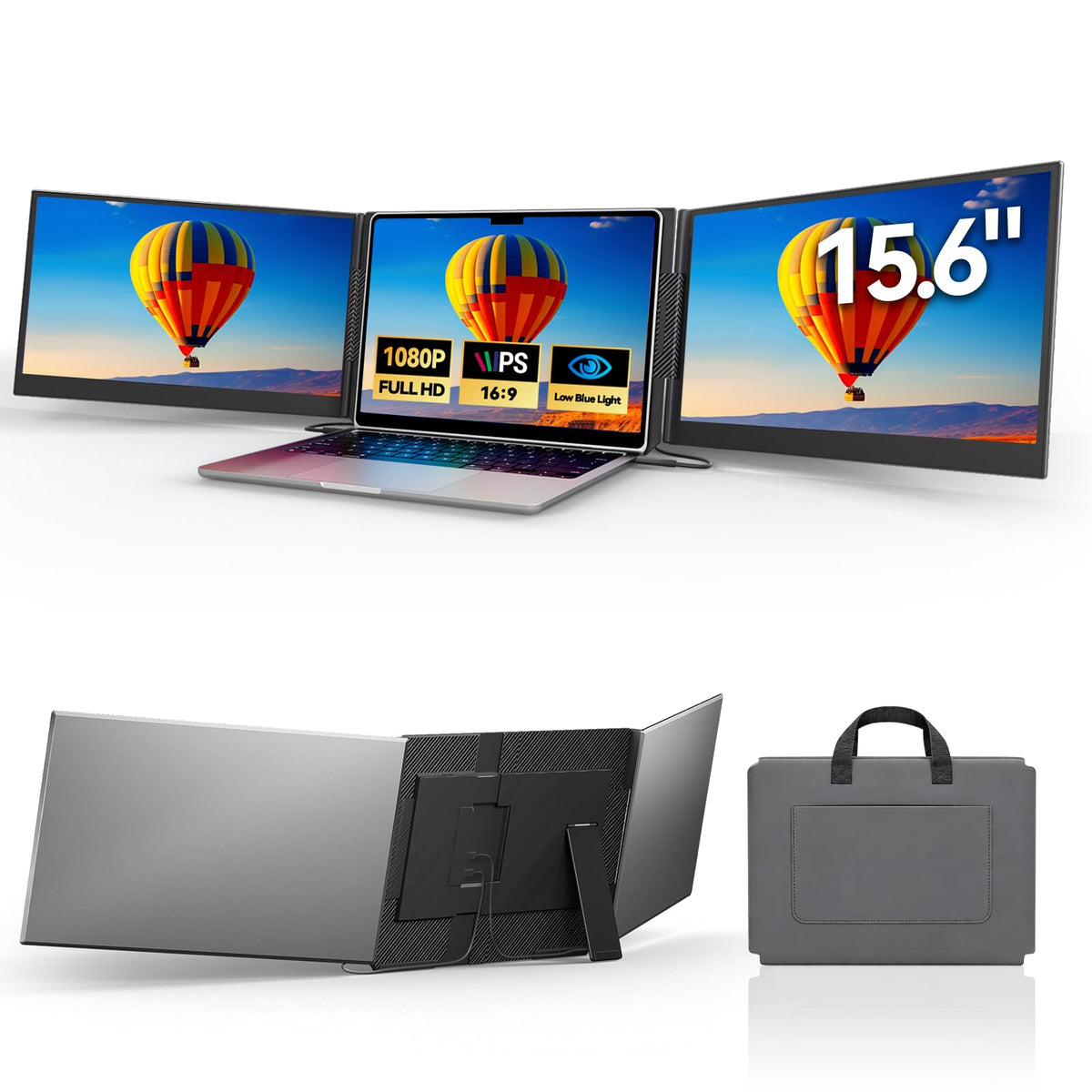 DZVW laptop screen extender in triple-display mode for on-the-go productivity.