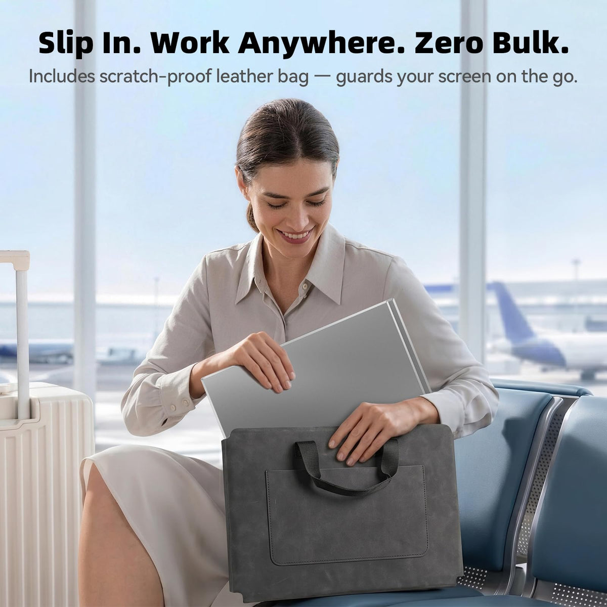 DZVW portable monitor with carry bag keeping accessories organized on the go.