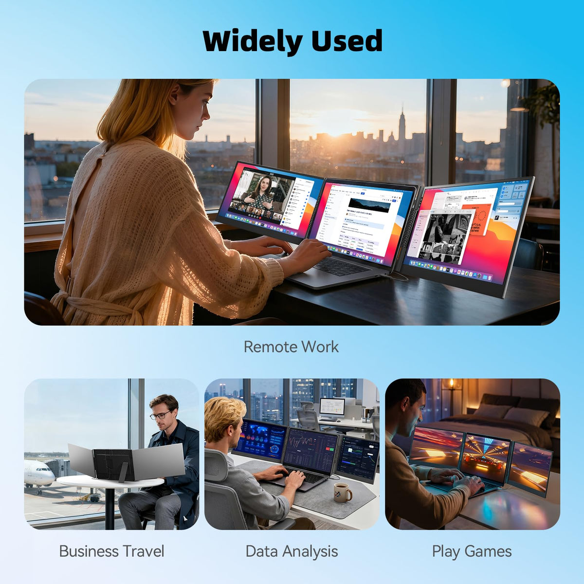 DZVW three-screen workstation in use to boost multitasking across apps.
