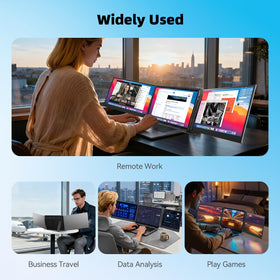 DZVW three-screen workstation in use to boost multitasking across apps.