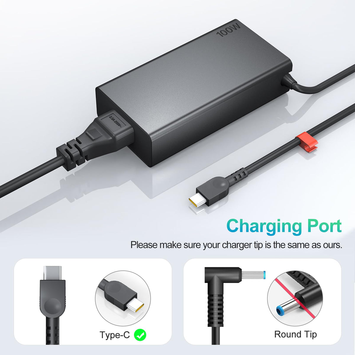 Dzytnsy 100W USB-C charger top label displaying output specs for quick reference