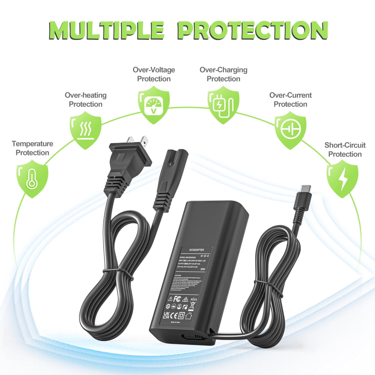 E ERSY 65W charger in a laptop bag, ready for travel.