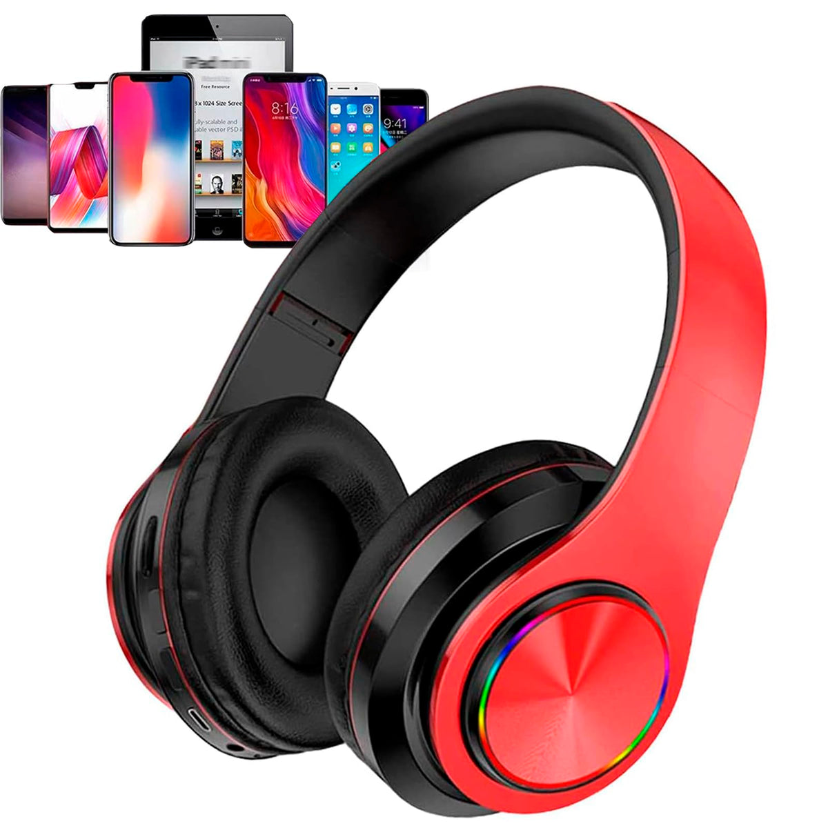 E-Greetshopping Bluetooth over-ear headphones with red LED lights for immersive listening.