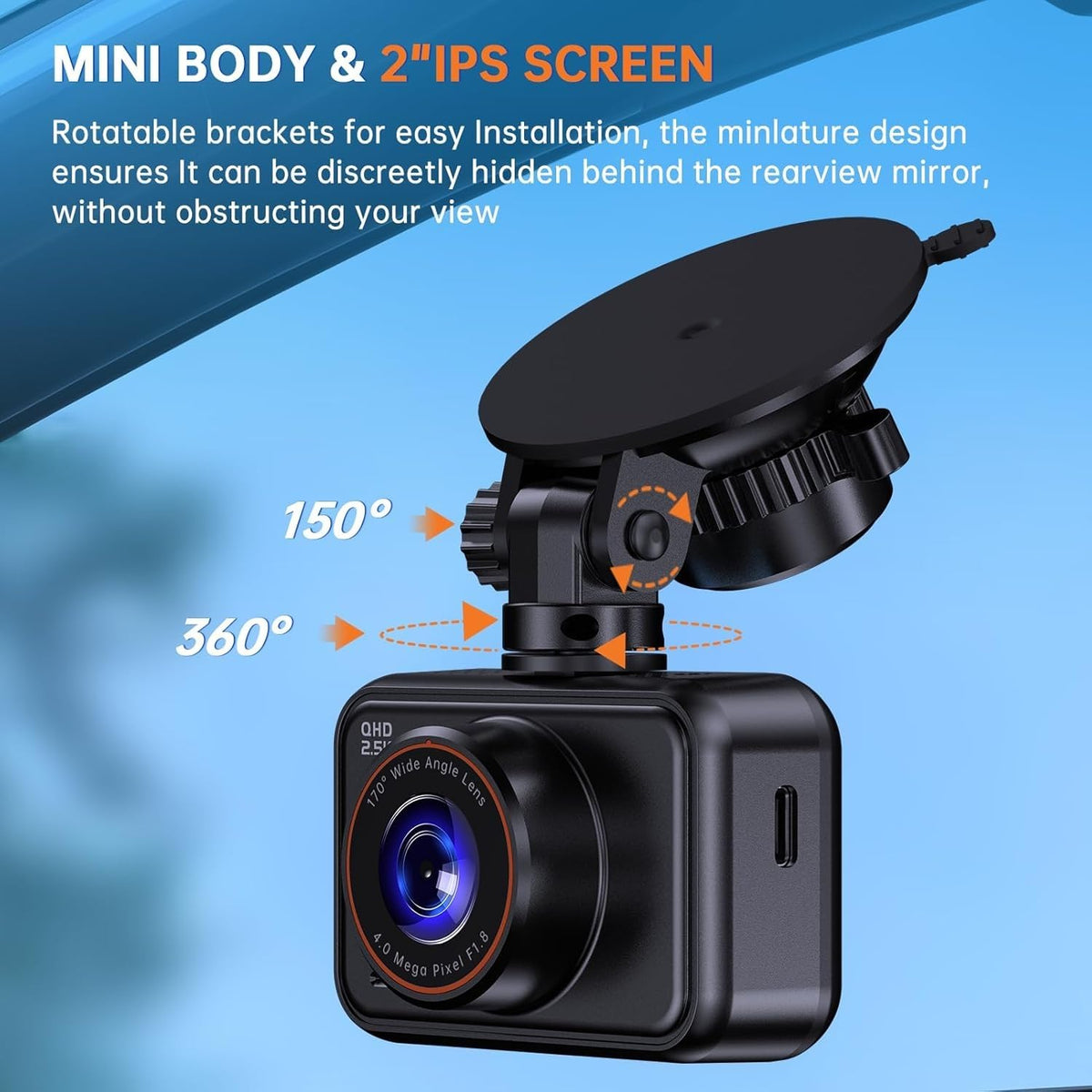 E-YEEGER dash cam installed on windshield demonstrating discreet placement