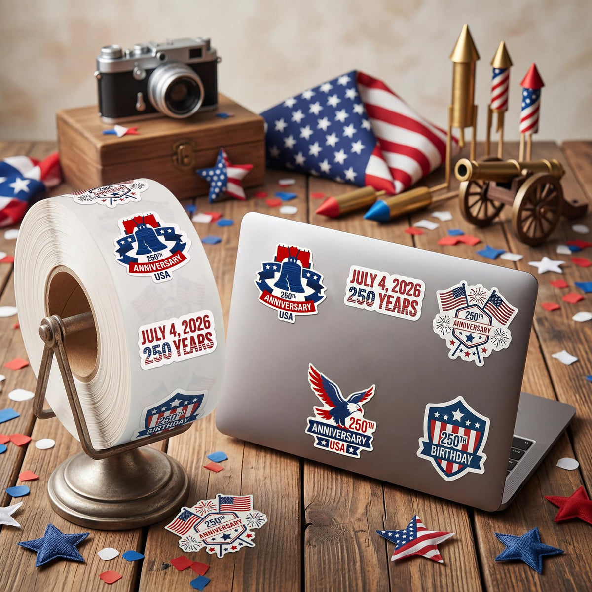 Eaasty eight styles of 250th anniversary patriotic stickers in a single roll