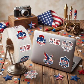 Eaasty eight styles of 250th anniversary patriotic stickers in a single roll