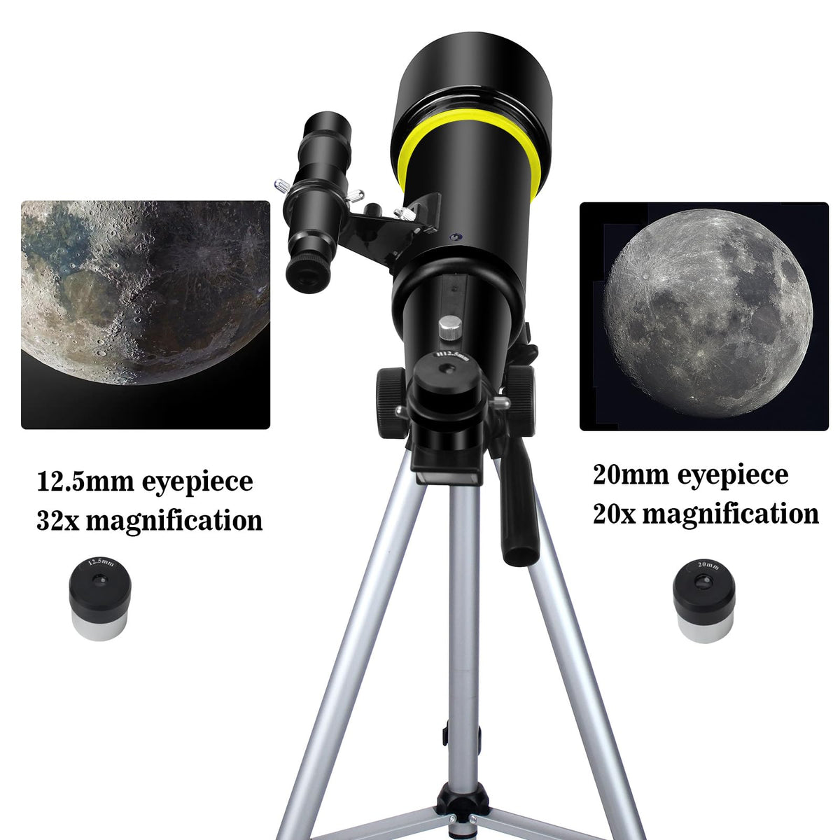 EACONN pictured eyepieces and 5x24 finderscope ready to switch magnification quickly