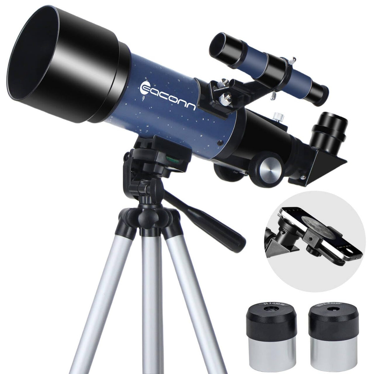 EACONN front view of blue telescope showing compact design and easy setup benefit
