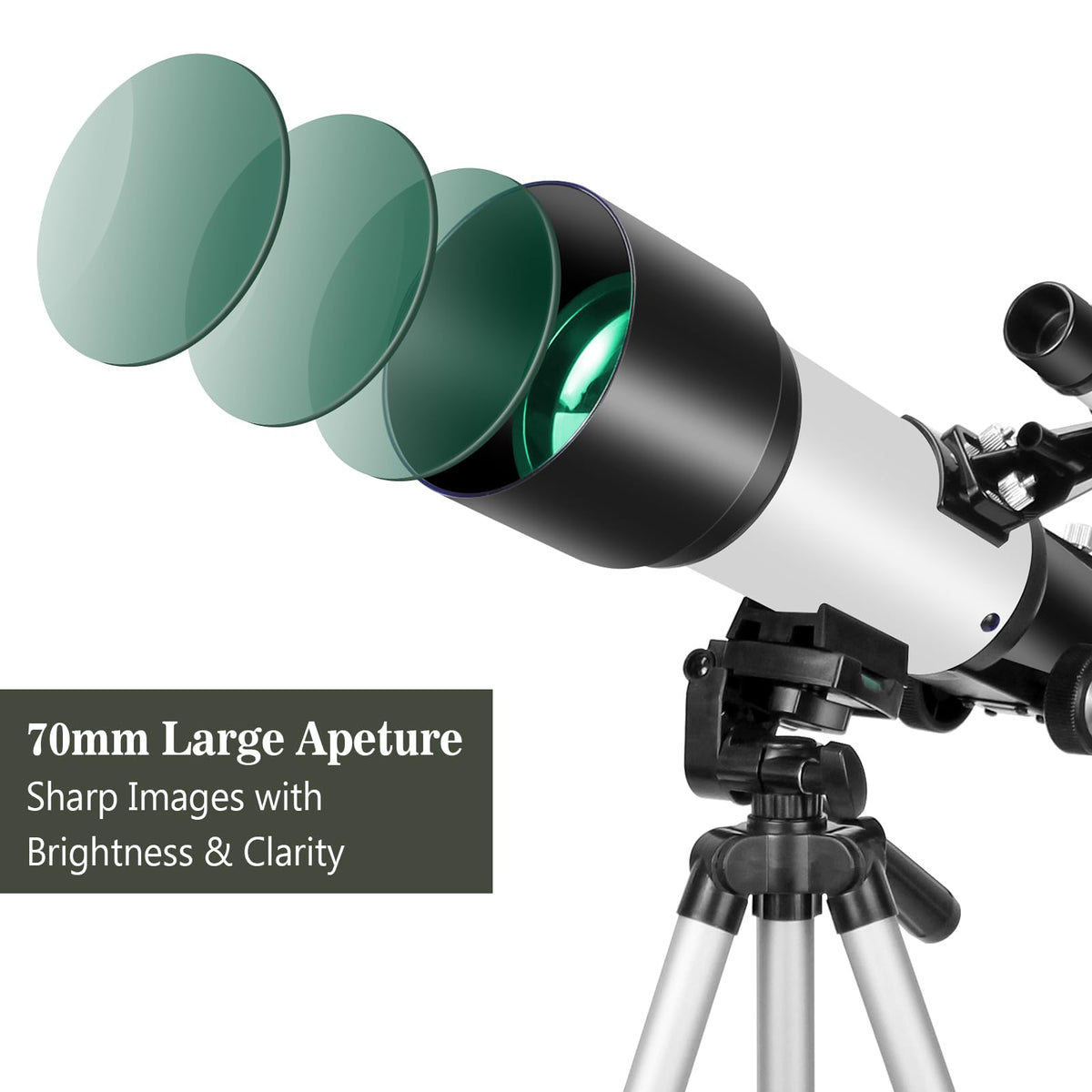 EACONN close-up of 70mm objective lens highlighting clear glass optics benefit