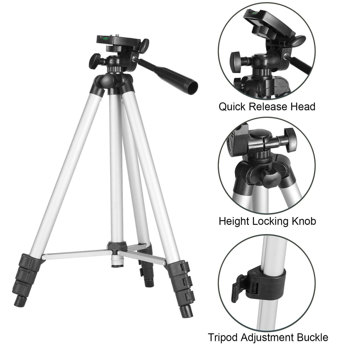 EACONN aluminum tripod extended demonstrating adjustable height for comfortable viewing