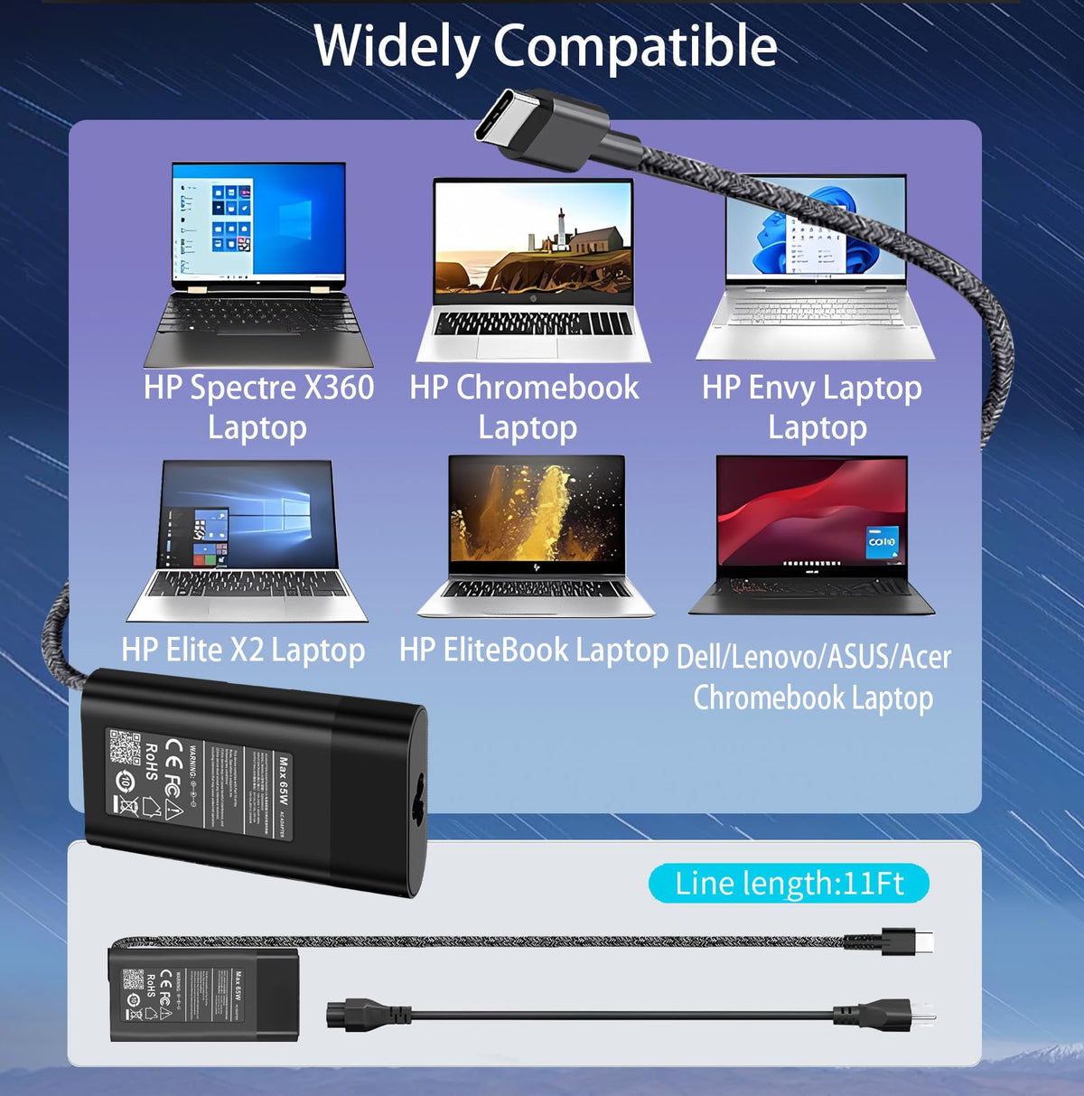 Eafinesy New Slim HP 65W USB-C charger, side view, compact travel-ready power