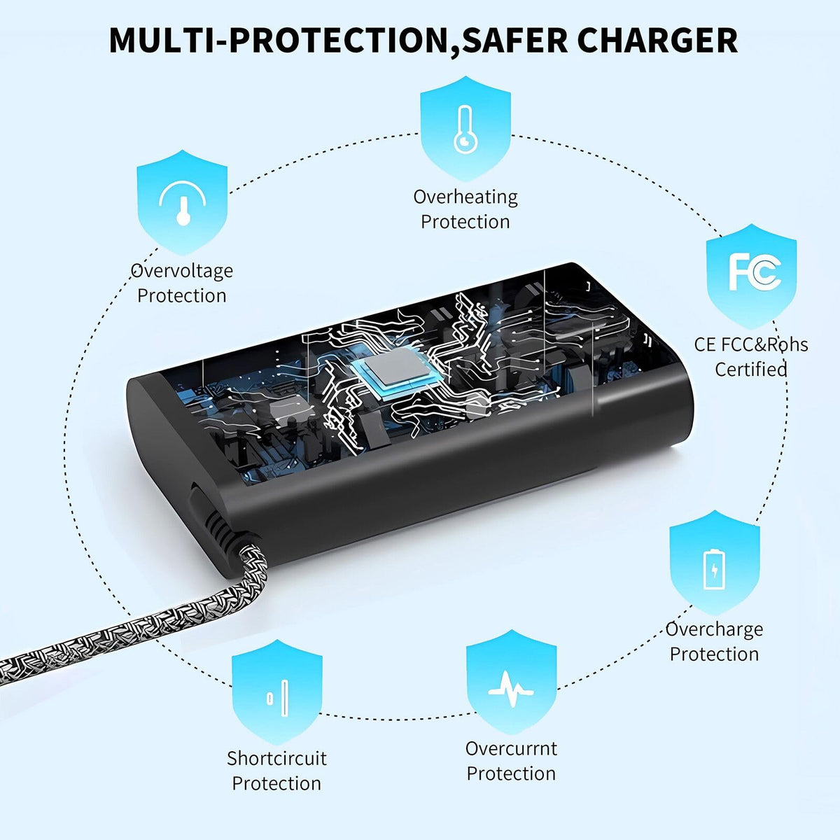 Eafinesy Slim 65W USB-C charger with 11ft braided cable for flexible setup.